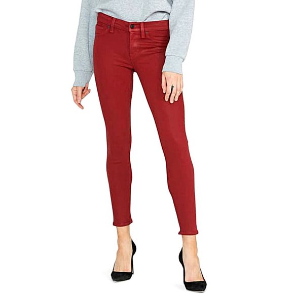 Hudson Nico Mid-Rise Super Skinny Ankle Jeans in Oxblood Wax Red - Picture 2 of 12